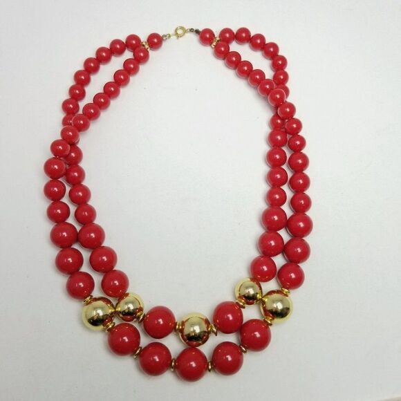 Vintage Red Beded Two Strand Necklace with Gold Tone Accents, Retro Statement - Picture 5 of 5
